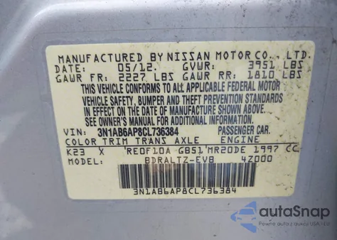 2012 Nissan Sentra 2.0 Sr z USA, uszkodzony, nr VIN 3N1AB6AP8CL736384